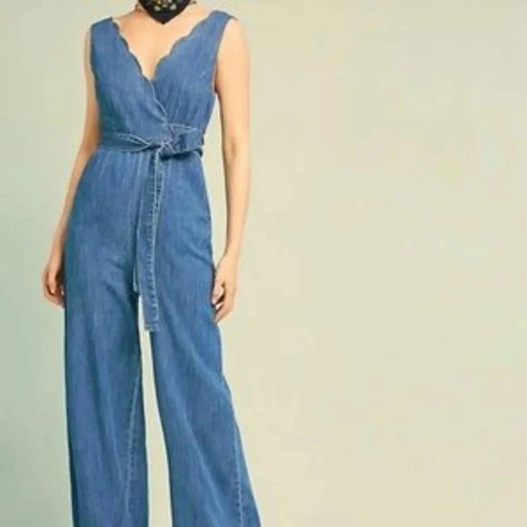 Anthropologie Pants - Pilcro by Anthroplogie Lydia Blue Denim Scallop Wrap Wide Leg Jumpsuit 2